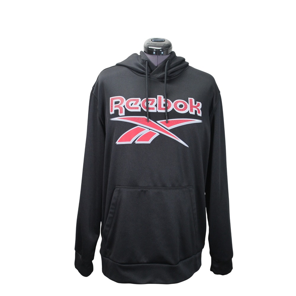 Reebok Black Hoodie Sweatshirt Red Logo Pullover Men's Large Casual Gymwear